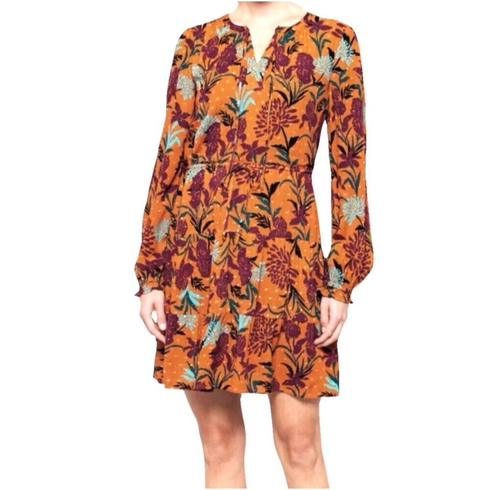 Daniel Rainn Floral Boho Dress Womens M Mustard Long Sleeve Mini Tiered
